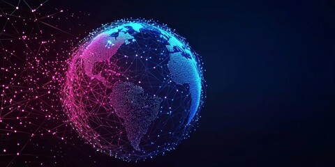 A web of lines encircling the globe, symbolizing data flow.