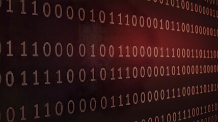 A screen displaying streams of binary code with a menacing red glow. This image is perfect for representing data, programming, cybersecurity threats, and digital information.