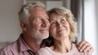 © Johannes - happy senior adult mature classy couple hugging bonding thinking of good future carefree cheerful mid age old husband embracing wife looking away dreaming enjoying wellbeing and love in new house no