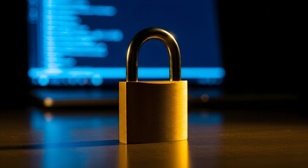 A golden padlock sits in front of a blurred computer screen with code. A concept for cybersecurity, data encryption, internet safety, and protecting personal information.