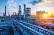 © Tsalasatun - Industrial plant complex at sunset. Metal structures, pipelines, and tanks under vibrant sky