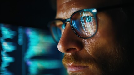 focused developer coder wears glasses working on computer looking at programming code data cyber security digital tech reflecting in spectacles developing software program focus on eye close up view 