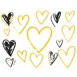 Black crayon hand drawn hearts set. Childish doodled heart collection. Grunge rough brush stroke romance love element pack for collage, poster, sticker. Sketched wax pencil symbols. Vector