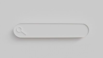 3D model of an empty search field with a magnifying glass icon on the side, white and minimalist style, on a white background with shadows