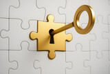 Złoty klucz w otworze puzzla w białej układance – symbol rozwiązania, bezpieczeństwa i odblokowania dostępu.