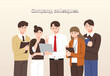 © PIKEO - 베이지색 배경, 회사 동료들이 이야기를 나누고 있는 모습의 일러스트