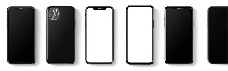 Multiple black smartphones with blank screens, top-down view
