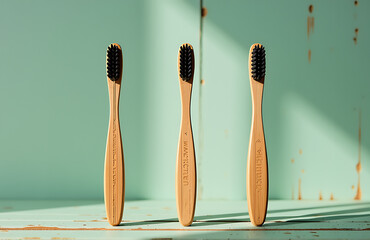 Wall Mural - three vintage bamboo toothbrushes stand side side worn mint green wooden background lit soft morning light pouring nearby