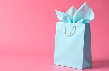 Wall Mural - soft pastel light blue gift bag rests vibrant pink background blank white tag hanging loosely top gentle folds