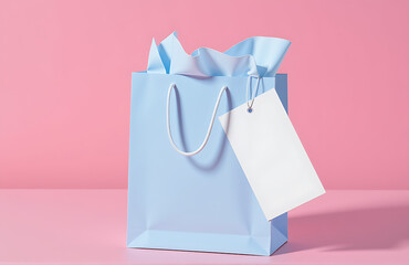 Wall Mural - soft pastel light blue gift bag rests vibrant pink background blank white tag hanging loosely top gentle folds