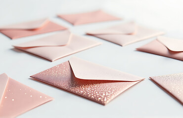 Wall Mural - soft focus wide shot delicate glitter envelopes scattered crisp white background soft natural light accentuating