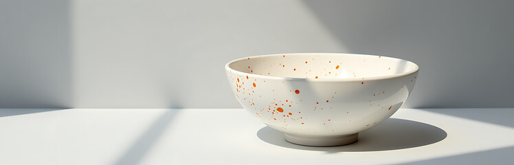 Wall Mural - white ceramic bowl vibrant orange speckles sits atop minimalist gray surface illuminated soft natural light casting gentle shadows