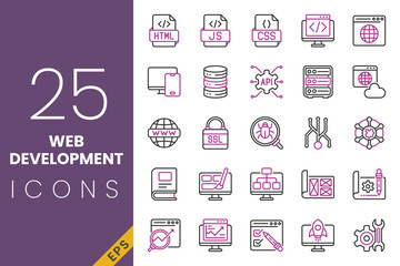 Web development icon set, clean vector line and color style for coding, design, and tech projects.