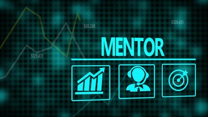 A Mentor business concept on a flashing computer monitor with moving graphs and data.