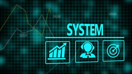 System business concept on a flashing computer monitor with moving graphs and data.