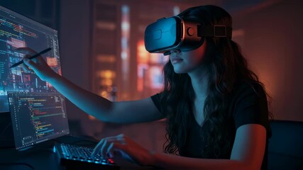 Young woman programmer wearing virtual reality headset, coding software for metaverse or web3 development, typing on keyboard.