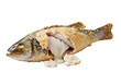 © Viola - Perfectly whole, salt-baked sea bass with golden-brown skin and exposed moist white flesh on a minimalist transparent studio background, bright diffused lighting, no shadows, high-end commercial food