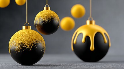 Wall Mural - set of three christmas ornaments, two of which are black and one of which is yellow