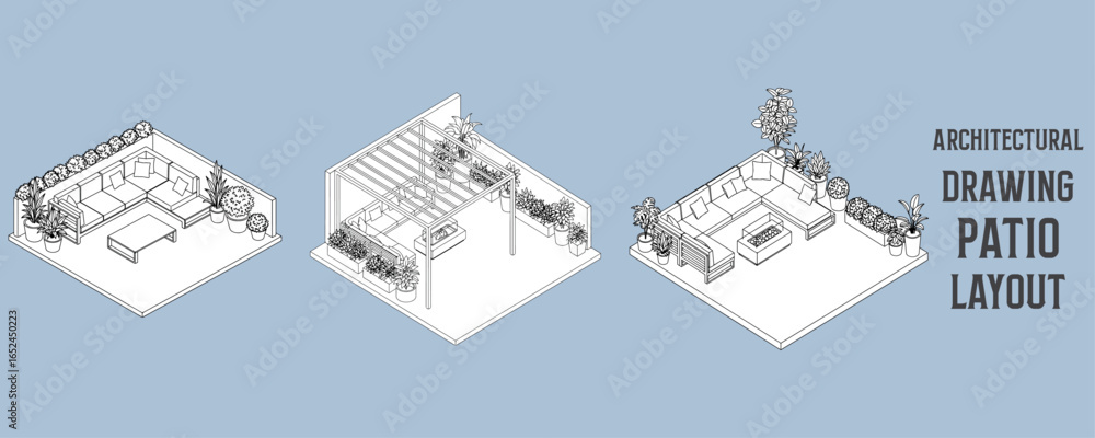 Architectural drawings of modern patio layout with outdoor seating ...