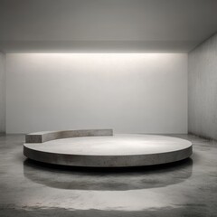 Empty, concrete platform for display in a blank room. Modern, minimalist use