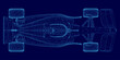 © German Ovchinnikov - Blueprint of a Formula 1 car displayed on a blue background, featuring detailed wireframe design elements. The sportcar's aerodynamic structure, suspension system.