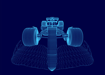 blueprint of a formula 1 car displays intricate wireframe details on a blue background, highlighting