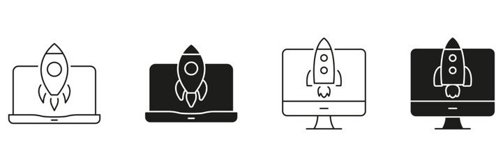 Rocket Launch On Computer Screen Line And Solid Icon Set. Startup, Innovation, And Technology Advancement Symbol Collection. Business Growth And Digital Transformation. Isolated Vector Illustration
