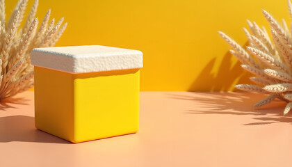 Wall Mural - A yellow cube with white top is the focus, set against a vibrant background with wheat decoration.