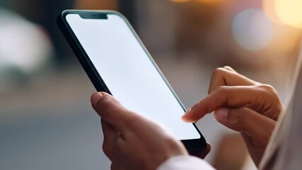 Hands using smartphone outdoors at night