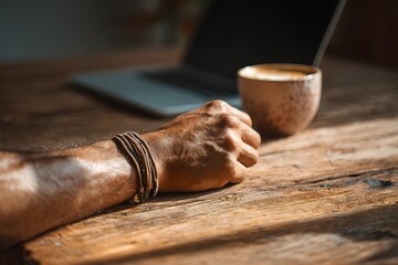 forearm resting on wood evokes calm focus near coffee cup and laptop forearm.