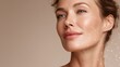 © natalikp - White molecules structure near sensual woman face with lifting lines. Over beige background. Beauty science concept.