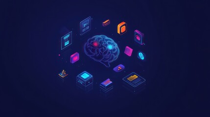 Wall Mural - Isometric view of a glowing brain surrounded by holographic tech icons against a dark blue backdrop