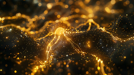Dazzling golden network of glowing particles pulses with vibrant energy, creating a futuristic abstract digital connection.