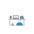 © Yahya - A person sits at a desk with a laptop displaying a graph, a steaming cup of coffee, and a stack of books, suggesting work or study.