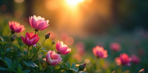 Wall Mural - Serene dawn light softly illuminates a tranquil garden scene, whispering secrets of beauty and peace Delicate petals unfurl, a hushed symphony of nature's grace , quiet, peaceful, secrets
