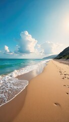 Wall Mural - A solitary beach stretches out under a vast sky, waves gently lapping the shore The scene evokes feelings of serenity and quiet contemplation, perfect for relaxation and escape , waves, spring
