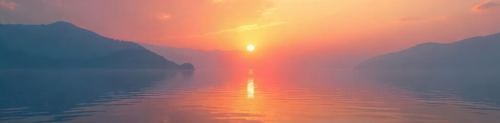 Wall Mural - Serene, hazy sunset over calm water, perfect for relaxation and tranquility Ideal for websites, blogs, or social media backgrounds needing a peaceful atmosphere , coast, pastel, summer