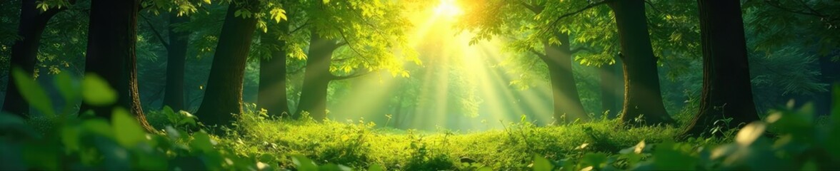 Wall Mural - Sunlight dappling through the leaves of a lush forest, illuminating the forest floor with a soft, ethereal glow Perfect for nature, environmental, and peaceful themes , ecosystem, glow, twigs
