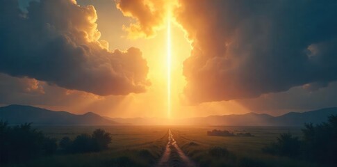 Wall Mural - A single beam of light pierces through dark clouds, illuminating a landscape below with a divine, ethereal glow Perfect for religious, spiritual, or fantasy themes , fantasy, sacred, majestic