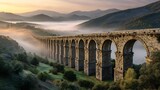 Ancient stone aqueduct stretching across a misty landscape at sunrise, showcasing impressive architecture and serene beauty. .