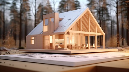 A clean, high-definition shot of a wooden house frame precisely positioned over a detailed architectural layout, with the subtle texture of rolled plans in the background.