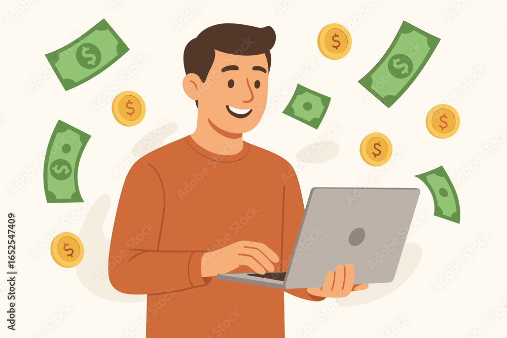 Man earning money with laptop