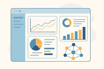 Data analysis dashboard UI with charts and graphs. Business intelligence app interface for analytics report. Financial statistics on web page. Vector infographic concept.