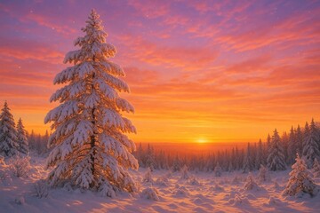 Wall Mural - beautiful cold weather scene featuring a sunset with vivid hues, snow-covered trees, and sparkling s