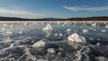 Wall Mural - cracked icy shards forming a textured pattern on a chilly lake under a clear sky