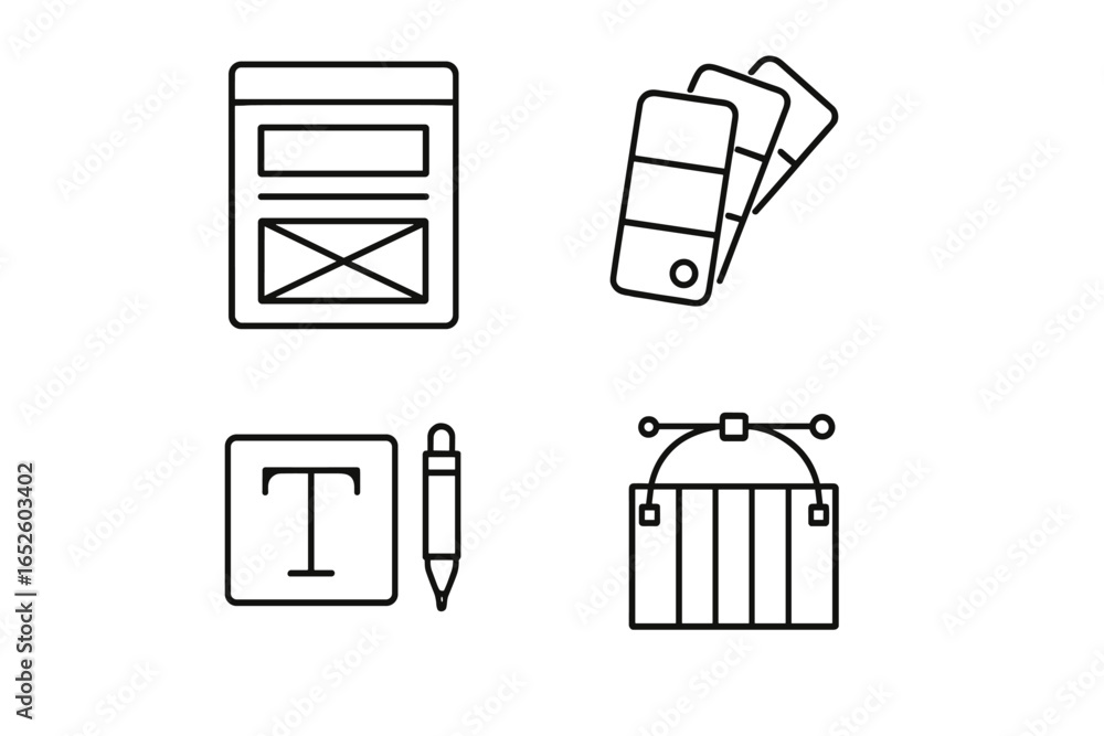 UX Design Icon Set Outline Style with Wireframe, Color Swatches ...