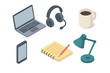 © Fabio - Remote work from home office isometric 3d icons. Laptop computer headset with microphone coffee mug smartphone notepad pencil desk lamp. Business freelance vector illustration.