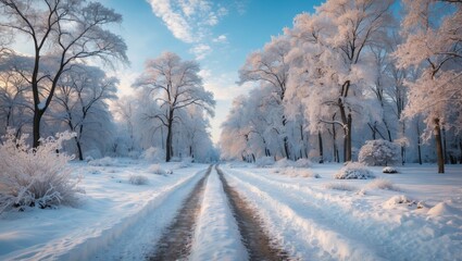 Wall Mural - scenic snowy pathway through a winter park setting
