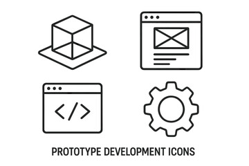 prototype development linear icons set. mvp product design, 3d modeling, wireframing, coding, and se
