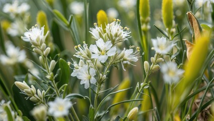 Wall Mural - Close-up shot of the Mignonette flower with its bright yellow petals